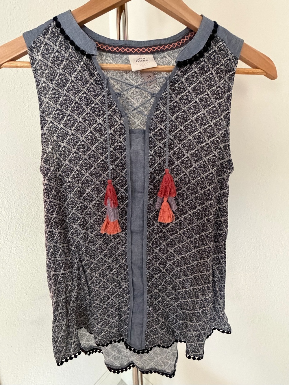 Knox Rose Blue and Black Boho Patterned Sleeveless Tassel Camisole